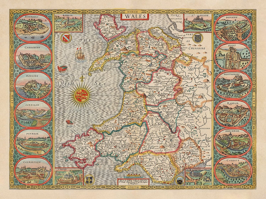 Antica Mappa a Colori del Galles, Cymru di John Speed, 1610 