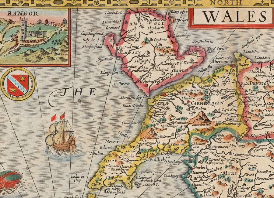 Antica Mappa a Colori del Galles, Cymru di John Speed, 1610 
