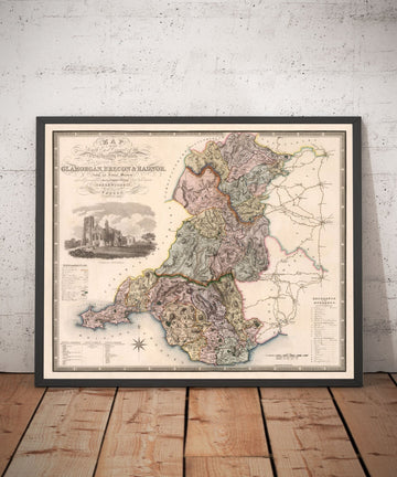Mappa antica del Galles meridionale, 1829 di Greenwood & Co. - Glamorgan, Cardiff, Brecon, Swansea 