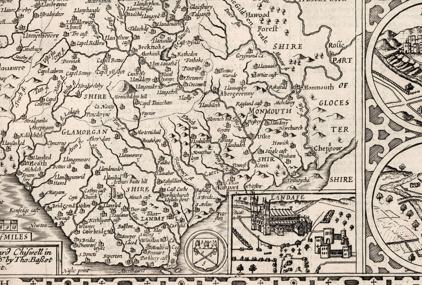 Old Monochrome Map of Wales, Cymru, 1611 by John Speed - Cities, Towns, Counties, Cardiff, Pembrokeshire, Anglesey