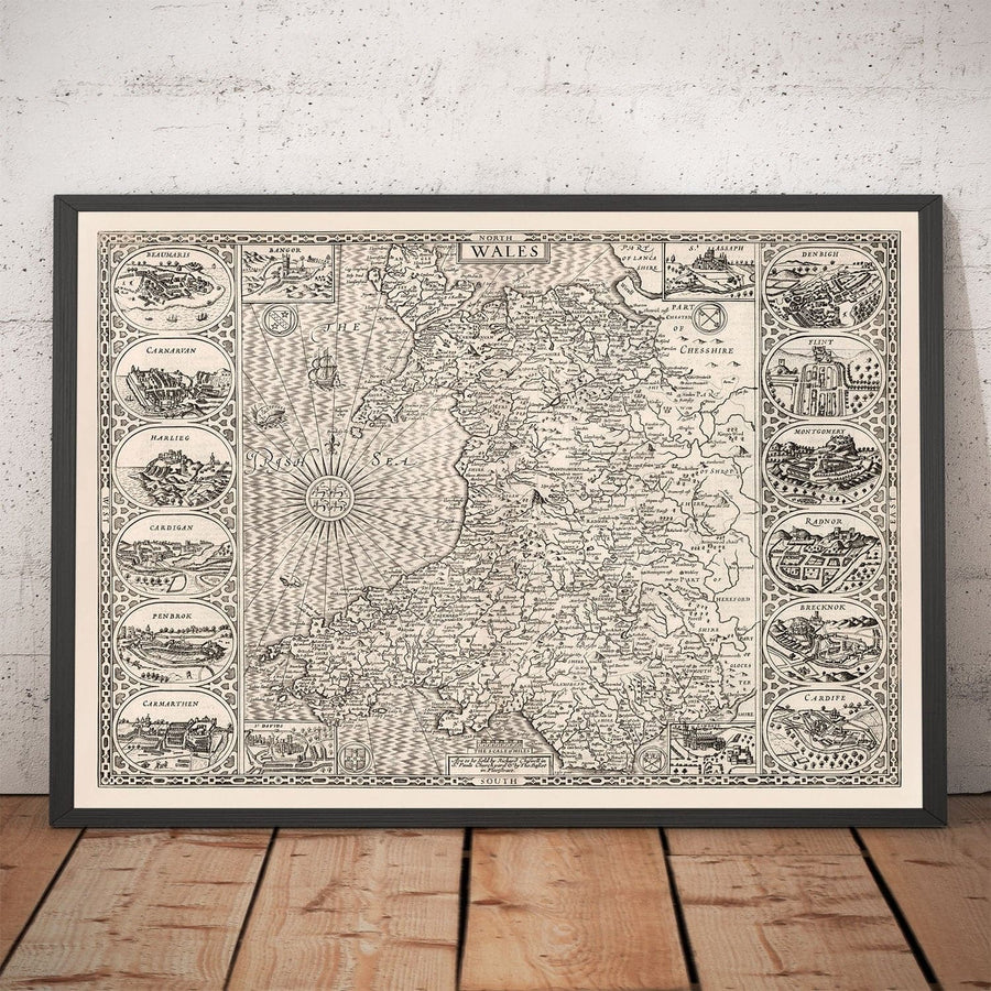 Vecchia mappa monocromatica del Galles, Cymru, 1611 di John Speed - Città, paesi, contee, Cardiff, Pembrokeshire, Anglesey 