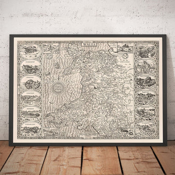 Vecchia mappa monocromatica del Galles, Cymru, 1611 di John Speed - Città, paesi, contee, Cardiff, Pembrokeshire, Anglesey 