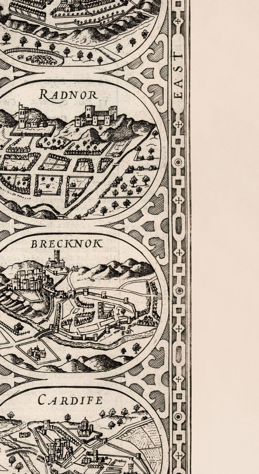 Vecchia mappa monocromatica del Galles, Cymru, 1611 di John Speed - Città, paesi, contee, Cardiff, Pembrokeshire, Anglesey 