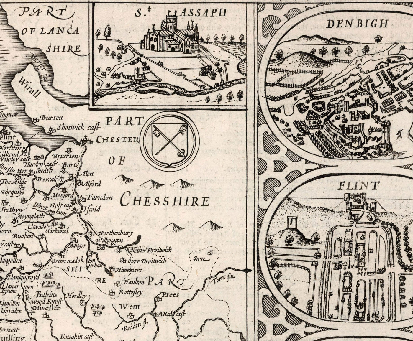 Old Monochrome Map of Wales, Cymru, 1611 by John Speed - Cities, Towns, Counties, Cardiff, Pembrokeshire, Anglesey
