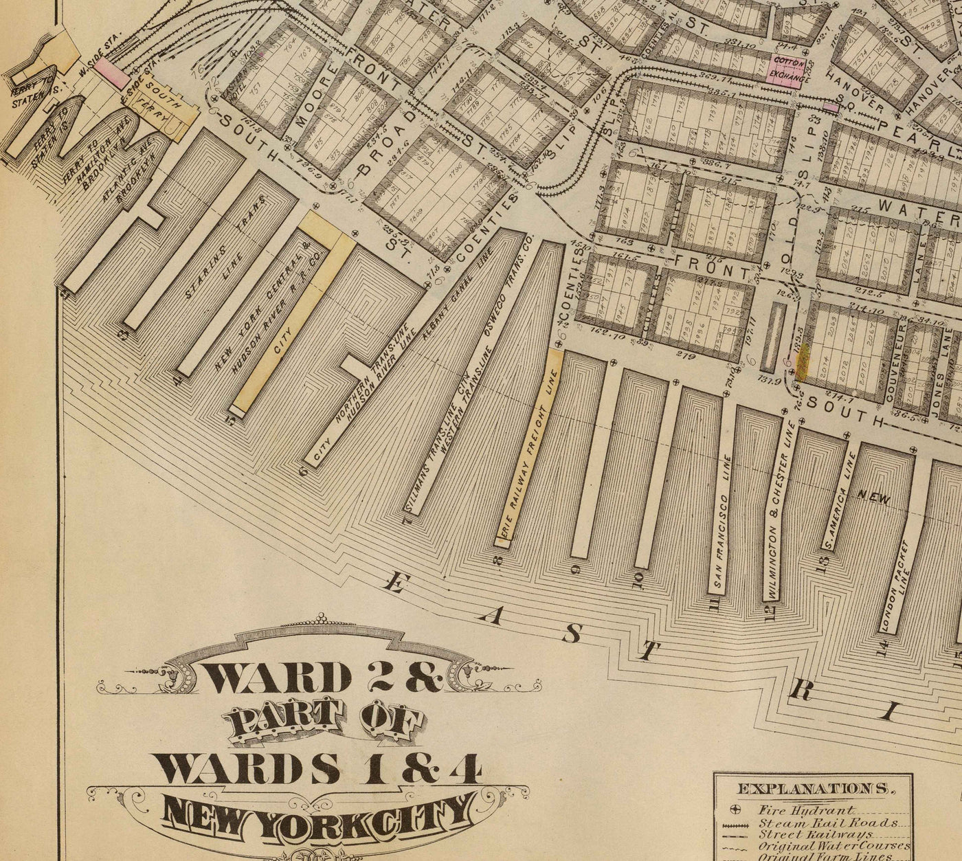 Old Map of Financial District & Civic Center, 1879 - Manhattan Wards, Wall St, Fulton St, East River, City Hall, Courthouse, Treasury