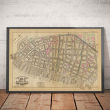 Ancienne carte du district financier et du centre civique, 1879 - quartiers de Manhattan, Wall St, Fulton St, East River, hôtel de ville, palais de justice, trésorerie