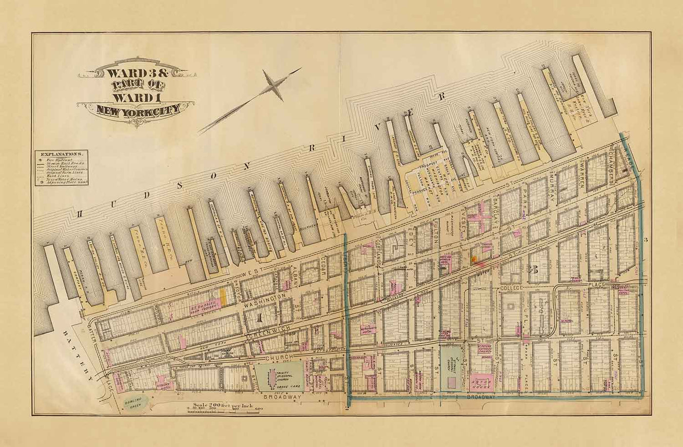 Alte Karte von Battery Park City & Tribeca, 1879 - Stadtzentrum Manhattan Bezirke NYC, Hudson River, Broadway, Greenwich St, West St