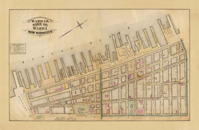 Ancienne carte de Battery Park City & Tribeca, 1879 - quartiers du centre de Manhattan NYC, Hudson River, Broadway, Greenwich St, West St