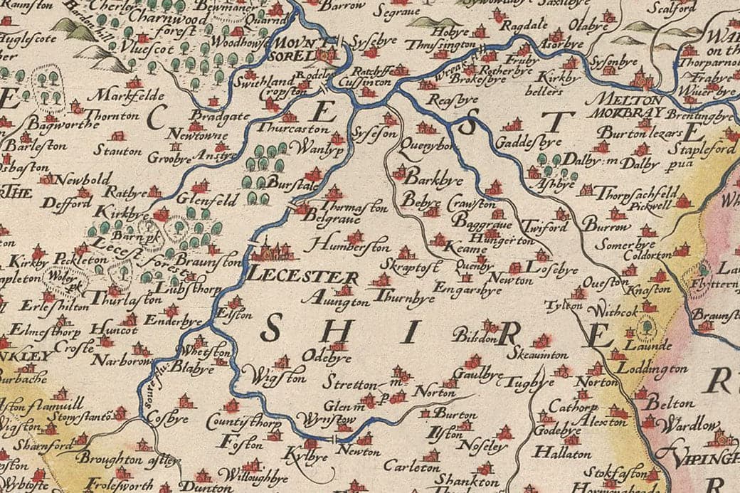 Old Map of Warwick - Leicester 1579, by Christopher Saxton - Birmingham, Coventry, Solihull, Nuneaton