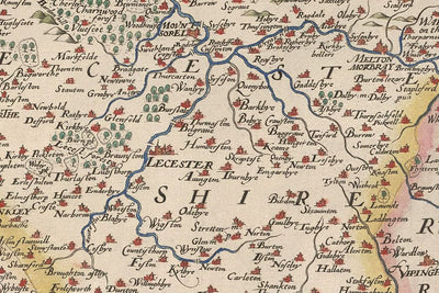 Old Map of Warwick - Leicester 1579, by Christopher Saxton - Birmingham, Coventry, Solihull, Nuneaton