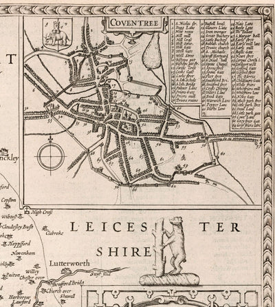Old Map of Warwickshire in 1611 by John Speed - Birmingham, Coventry, Solihull, Warwick