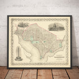 Vecchia mappa di Washington DC, 1855 di Colton - Georgetown, Campidoglio, Monumento, Casa Bianca del Presidente, Smithsonian 