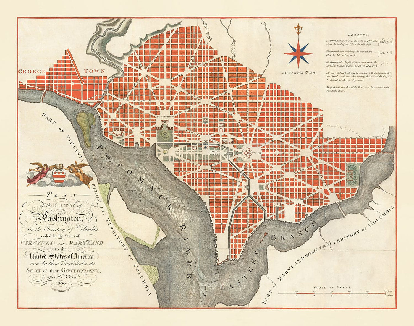 Very Old Map of Washington DC, 1795 by John Russell - Georgetown, White House, Capitol, White House, City Plan