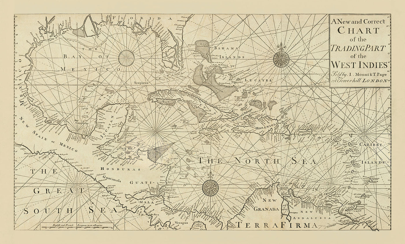 Old West Indies Navigation Chart, 1730 by Page & Mount - Bahamas, Gulf of Mexico, Central America