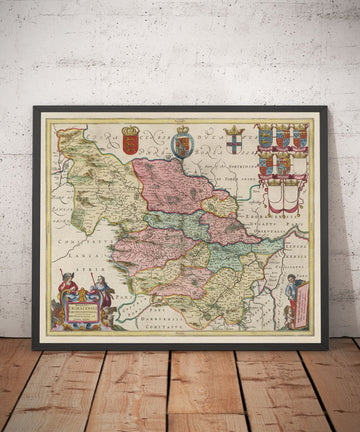 Antica mappa del West Yorkshire, 1665 di Joan Blaeu - York, Bradford, Sheffield, Leeds, Huddersfield, Halifax, Wakefield 