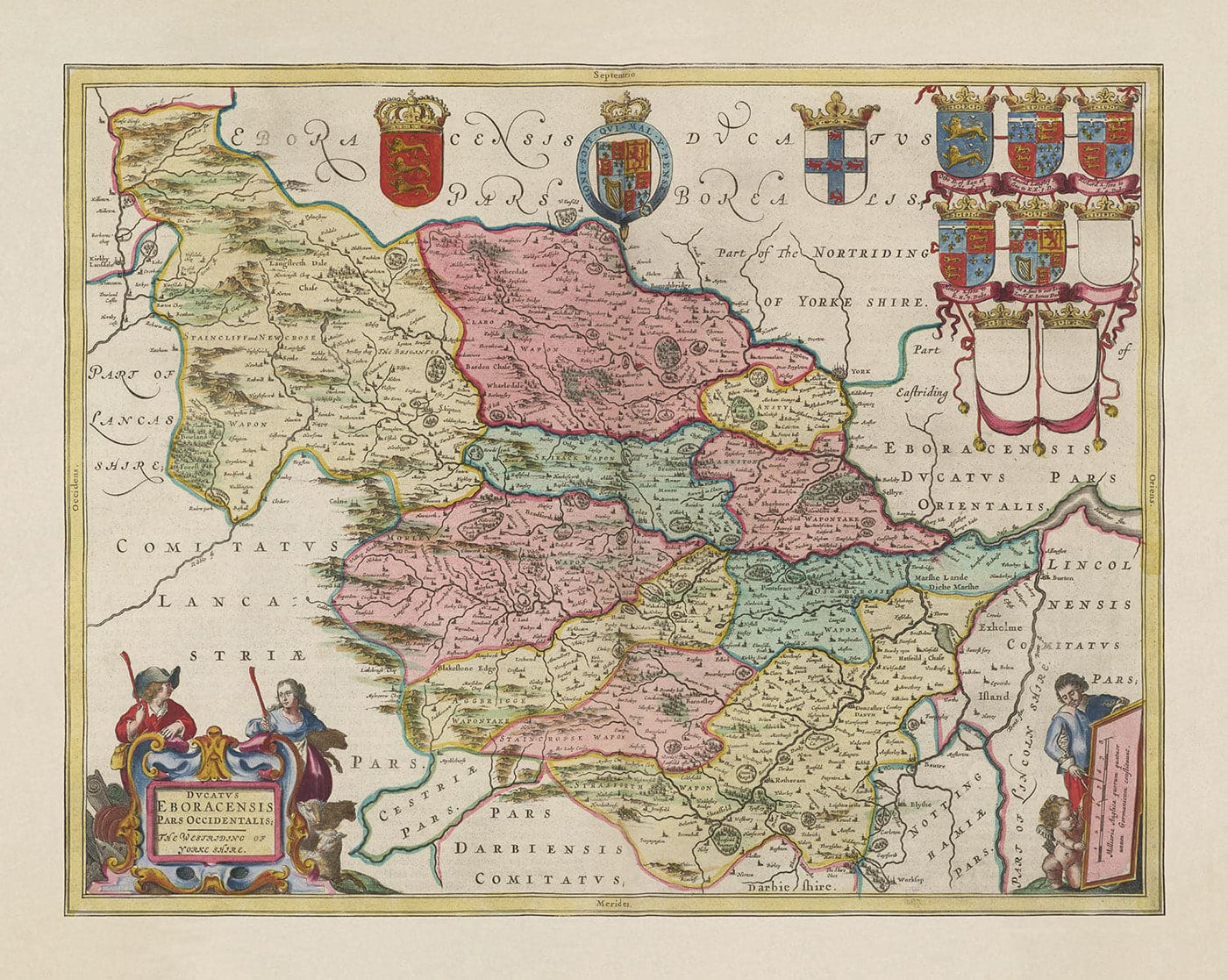Old Map of West Yorkshire, 1665 by Joan Blaeu - York, Bradford, Sheffield, Leeds, Huddersfield, Halifax, Wakefield