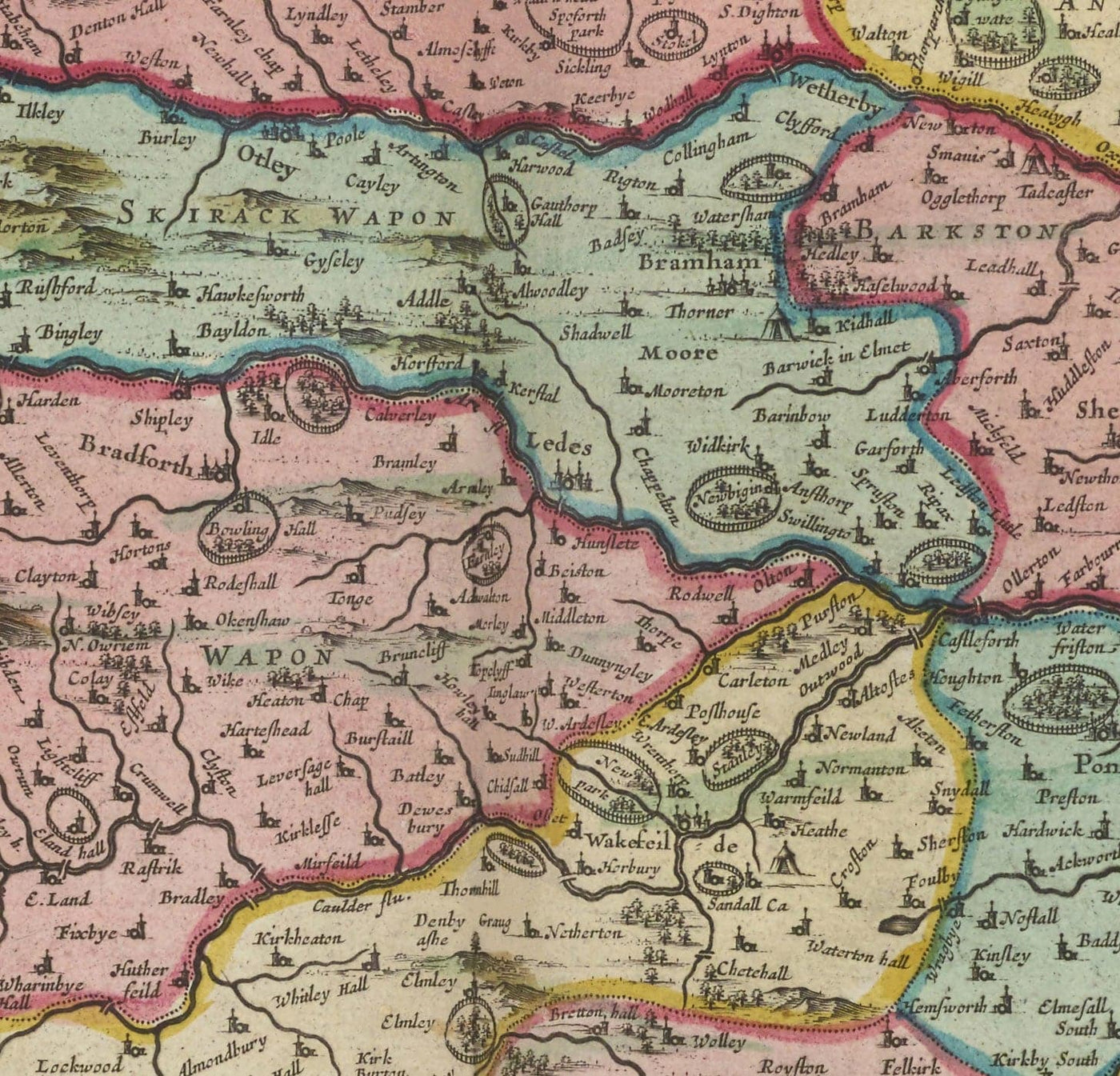 Old Map of West Yorkshire, 1665 by Joan Blaeu - York, Bradford, Sheffield, Leeds, Huddersfield, Halifax, Wakefield