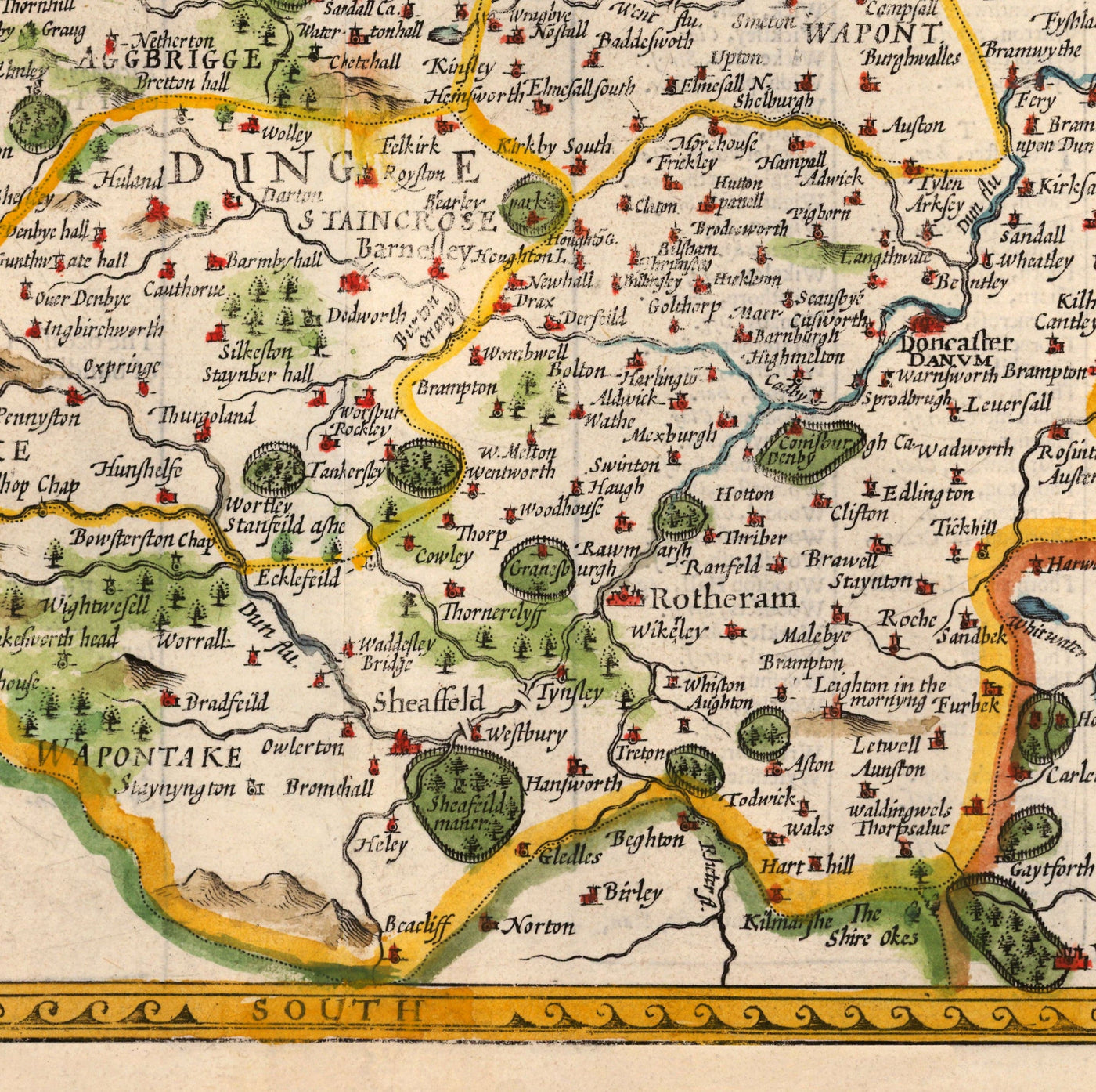Old Map of West Yorkshire, 1611 by John Speed - York, Bradford, Sheffield, Leeds, Huddersfield