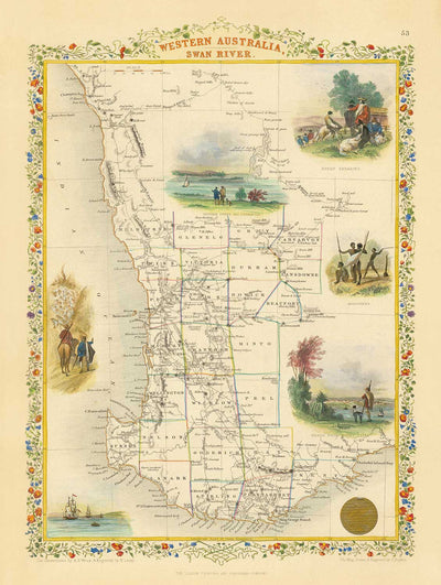 Old Map of Western Australia, 1851 by Tallis & Rapkin - Swan River British Colony, Perth, Peel, Bunbury, Fremantle