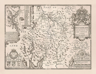 Old Monochrome Map of Westmorland, 1611 by John Speed - Lake District, Cumbria, Kendal, Windermere, Grasmere