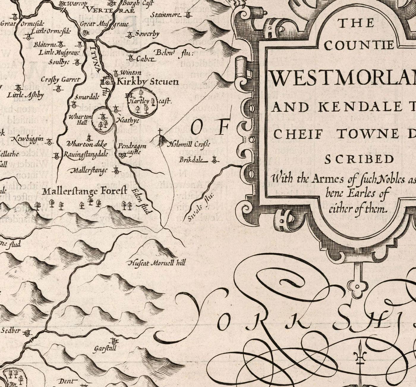 Old Monochrome Map of Westmorland, 1611 by John Speed - Lake District, Cumbria, Kendal, Windermere, Grasmere