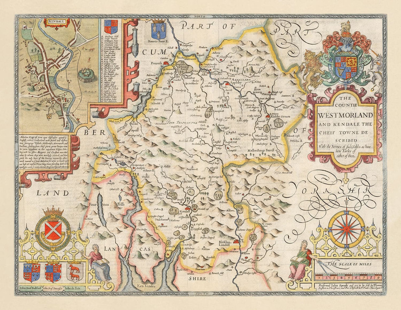 Old Map of Westmorland, 1611 by John Speed - Lake District, Cumbria, Kendal, Windermere, Grasmere