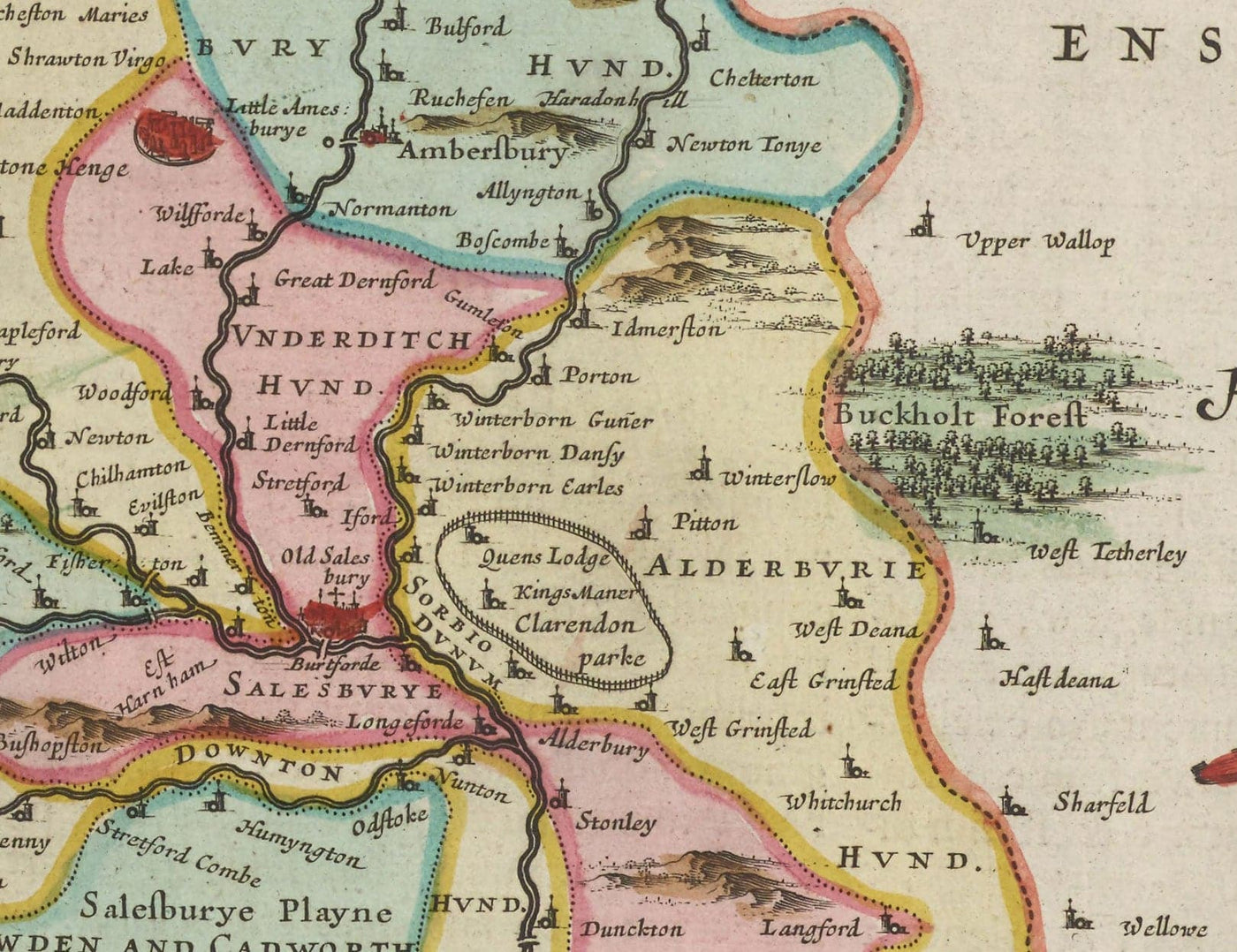 Old Map of Wiltshire in 1665 by Joan Blaeu - Salisbury, Stonehenge, Swindon, Trowbridge, Chippenham, Melksham
