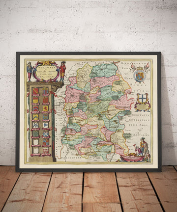 Alte Karte von Wiltshire im Jahr 1665 von Joan Blaeu - Salisbury, Stonehenge, Swindon, Trowbridge, Chippenham, Melksham 