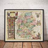Ancienne carte de Wiltshire en 1665 par Joan Blaaueu - Salisbury, Stonehenge, Swindon, Trowbridge, Chippenham, Melksham