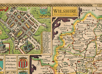 Old Map of Wiltshire in 1611 by John Speed - Salisbury, Stonehenge, Swindon, Trowbridge