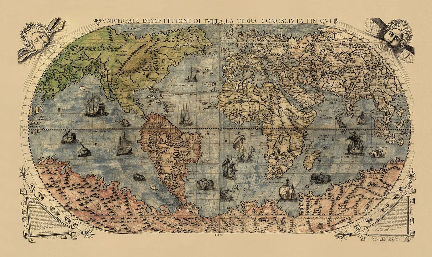 Old World Map, 1565 by Ferando Bertelli - Ancient Atlas Wall Chart - Terra Incognita, Cherubs, Australis