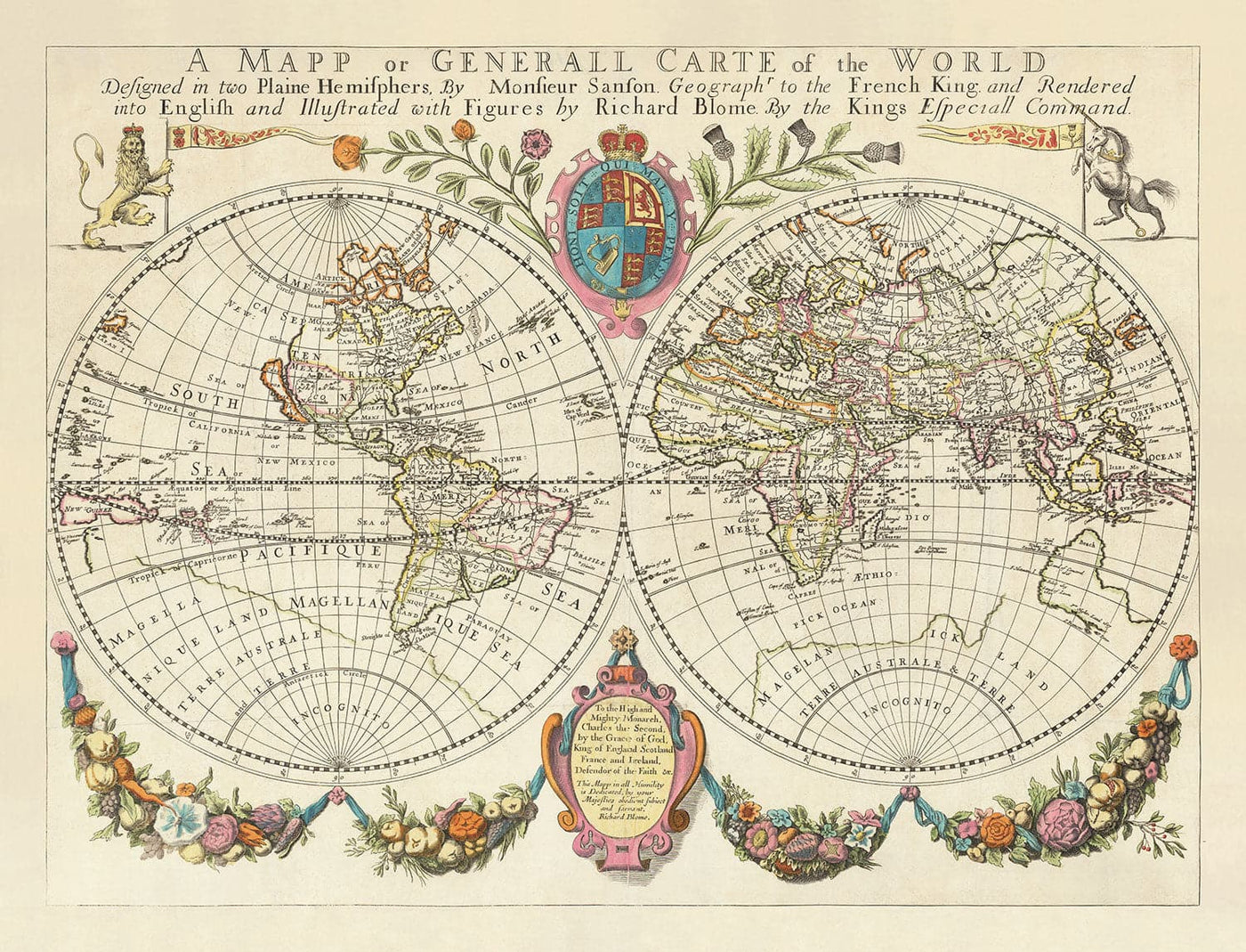 Old World Map from 1671 by Richard Blome - First English World Atlas Wall Chart