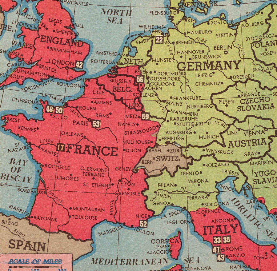 Old World War 2 Map, 1945 - "3 Years of War" by Edwin Sundberg - Allies vs. Axis - USA&