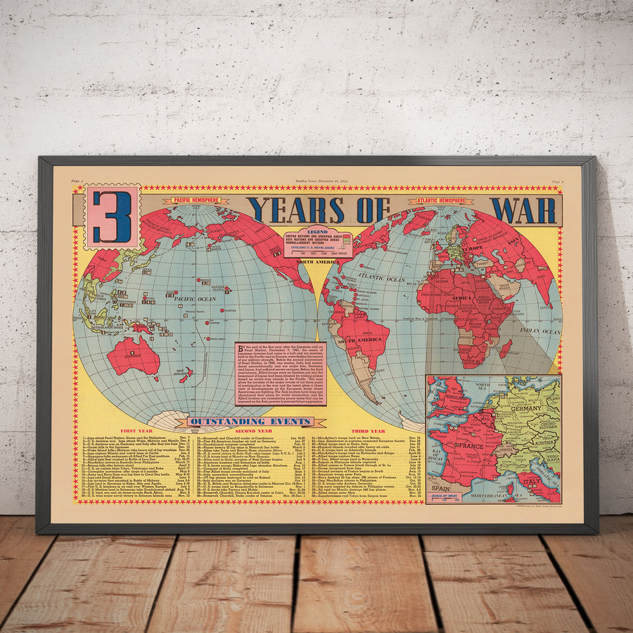 Old World War 2 Map, 1945 - "3 Years of War" by Edwin Sundberg - Allies vs. Axis - USA&