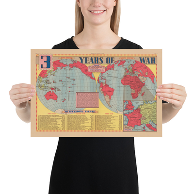Old World War 2 Map, 1945 - "3 Years of War" by Edwin Sundberg - Allies vs. Axis - USA&