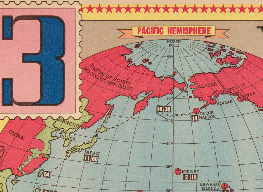 Old World War 2 Map, 1945 - "3 Years of War" by Edwin Sundberg - Allies vs. Axis - USA&