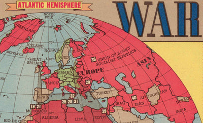 Old World War 2 Map, 1945 - "3 Years of War" by Edwin Sundberg - Allies vs. Axis - USA's Involvement in WW2