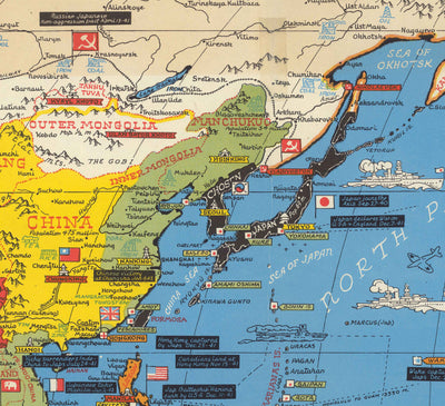 Old World War 2 Map of the Pacific and Far East in 1942 by Stanley Turner - "Dated Events" Japan, USA, Britain, Pacific, USSR