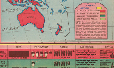 Old World War 2 Map, 1942 - "World at War" by Edwin Sundberg - USA Enters the War - Allies vs. Axis Troops