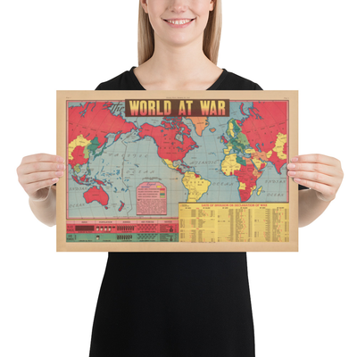 Old World War 2 Map, 1942 - "World at War" by Edwin Sundberg - USA Enters the War - Allies vs. Axis Troops