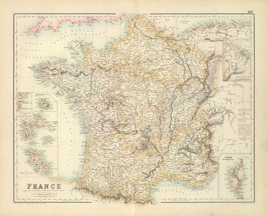 Mappa antica della Francia e delle sue possessioni straniere, 1872 di Archibald Fullarton - Algeria, Guiana Francese, Corsica, Le Alpi, Martinica 