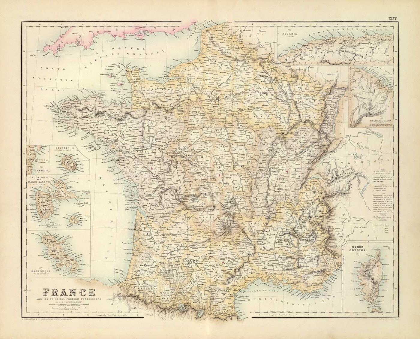 Old Map of France and its Foreign Possessions, 1872 by Archibald Fullarton - Algeria, French Guiana, Corsica, The Alps, Martinique