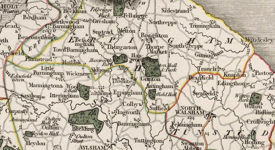 Antica mappa del Norfolk nel 1807 di John Cary - Norwich, Cromer, Great Yarmouth, Thetford, King&