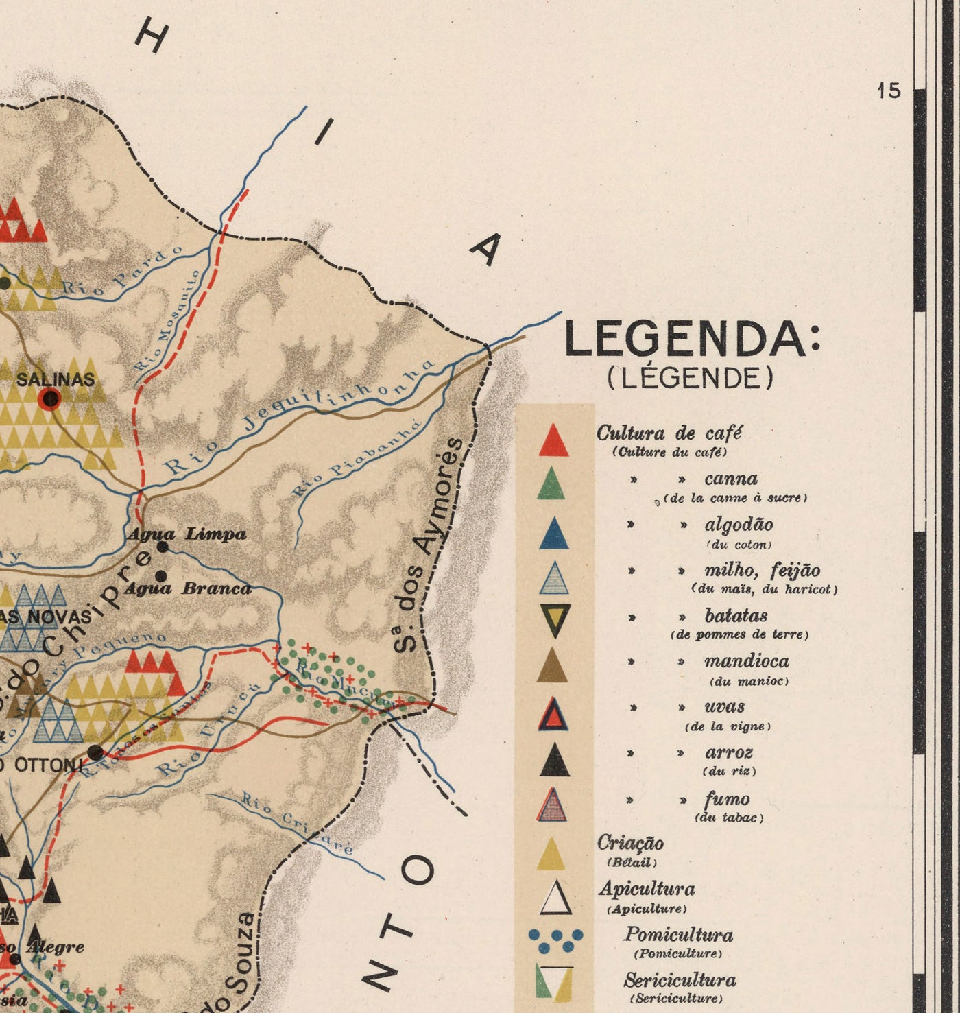 Ancienne carte de Minas Gerais, Brésil en 1908 - Agriculture, Géologie, Roches, Sols - Belo Horizonte, Uberlandia, Uberaba, Juiz de Fora, Curvelo