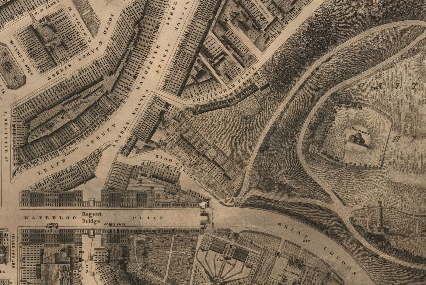 Alte Karte von New Town, Edinburgh im Jahr 1821 von James Kirkwood - Calton Hill, Queen Street, York Place, Prince Street, Great King Street