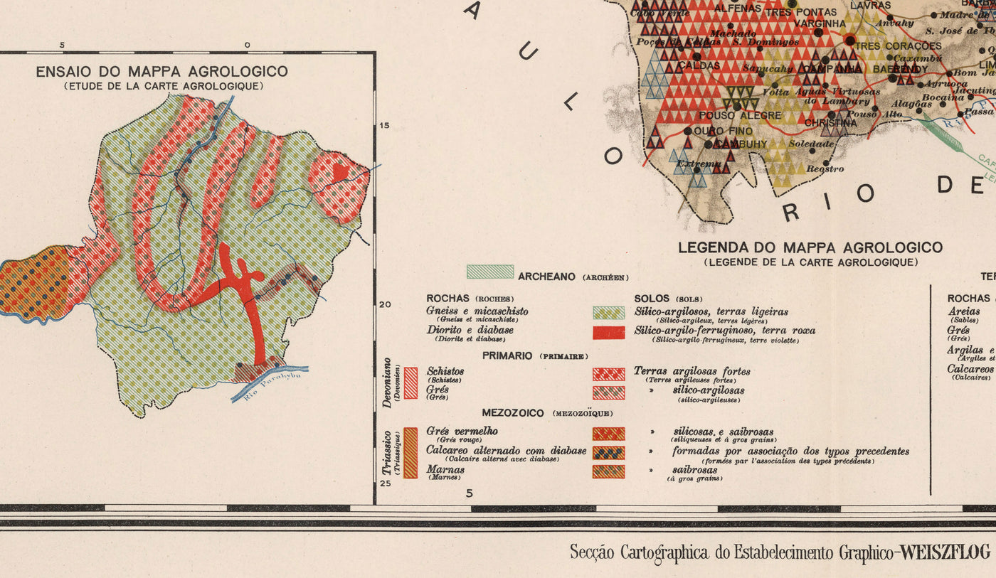 Old Map of Minas Gerais, Brazil in 1908 - Agriculture, Geology, Rocks, Soil - Belo Horizonte, Uberlandia, Uberaba, Juiz de Fora, Curvelo