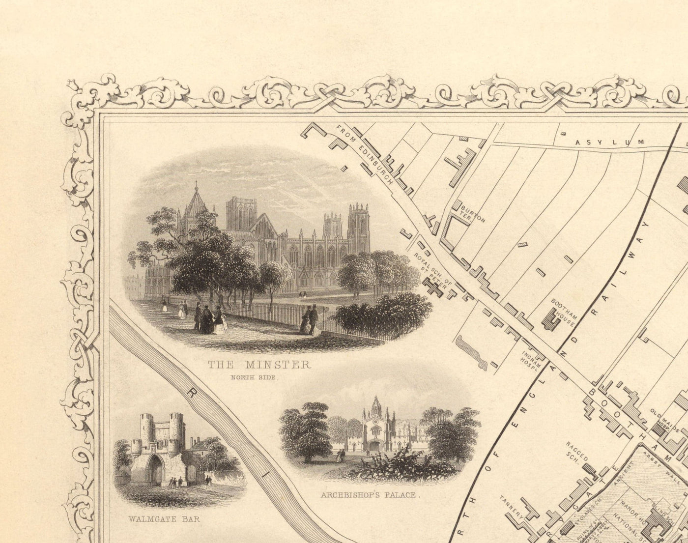 Old Map of York in 1851 by Tallis & Rapkin - City Centre Chart, York Minster Cathedral, River Ouse