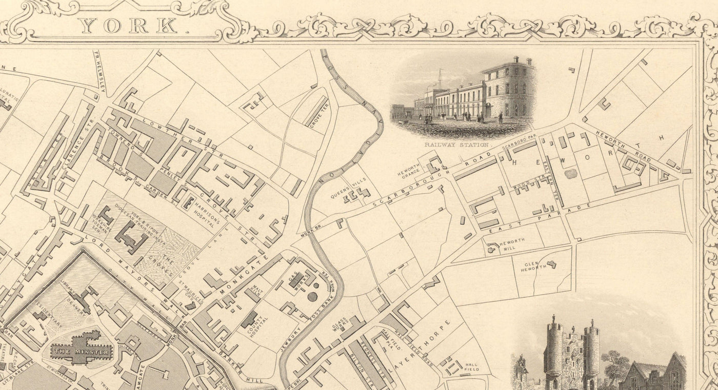 Old Map of York in 1851 by Tallis & Rapkin - City Centre Chart, York Minster Cathedral, River Ouse