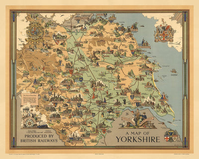 Old Map of Yorkshire, 1949 - British Railway Pictorial Chart - York, Sheffield, Bradford, Leeds, Middlesbrough, Pennines