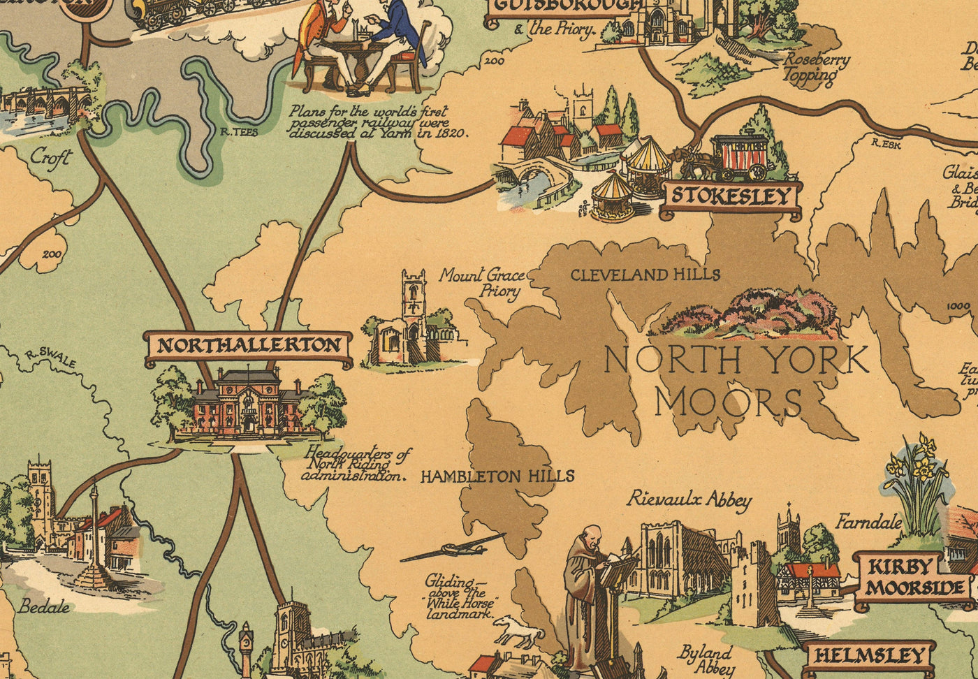 Old Map of Yorkshire, 1949 - British Railway Pictorial Chart - York, Sheffield, Bradford, Leeds, Middlesbrough, Pennines